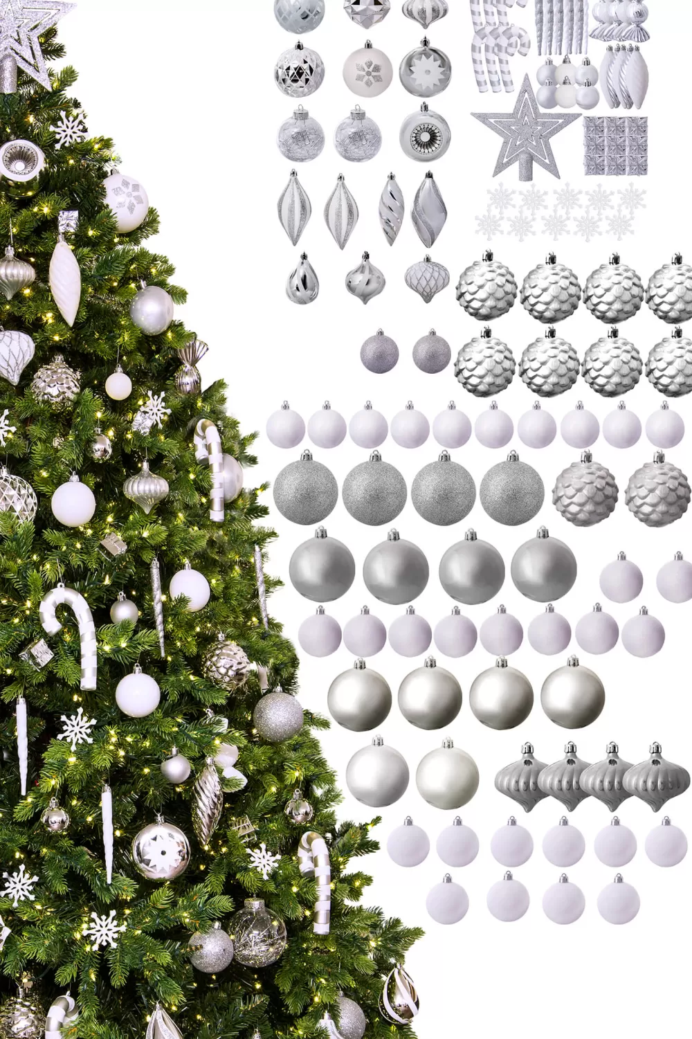 Christmas Tree World The 128pc White & Silver Full Heavy Coverage Bauble Set (6ft Trees)< 6 Foot Pre Lit Christmas Trees | Pre-Lit Christmas Trees
