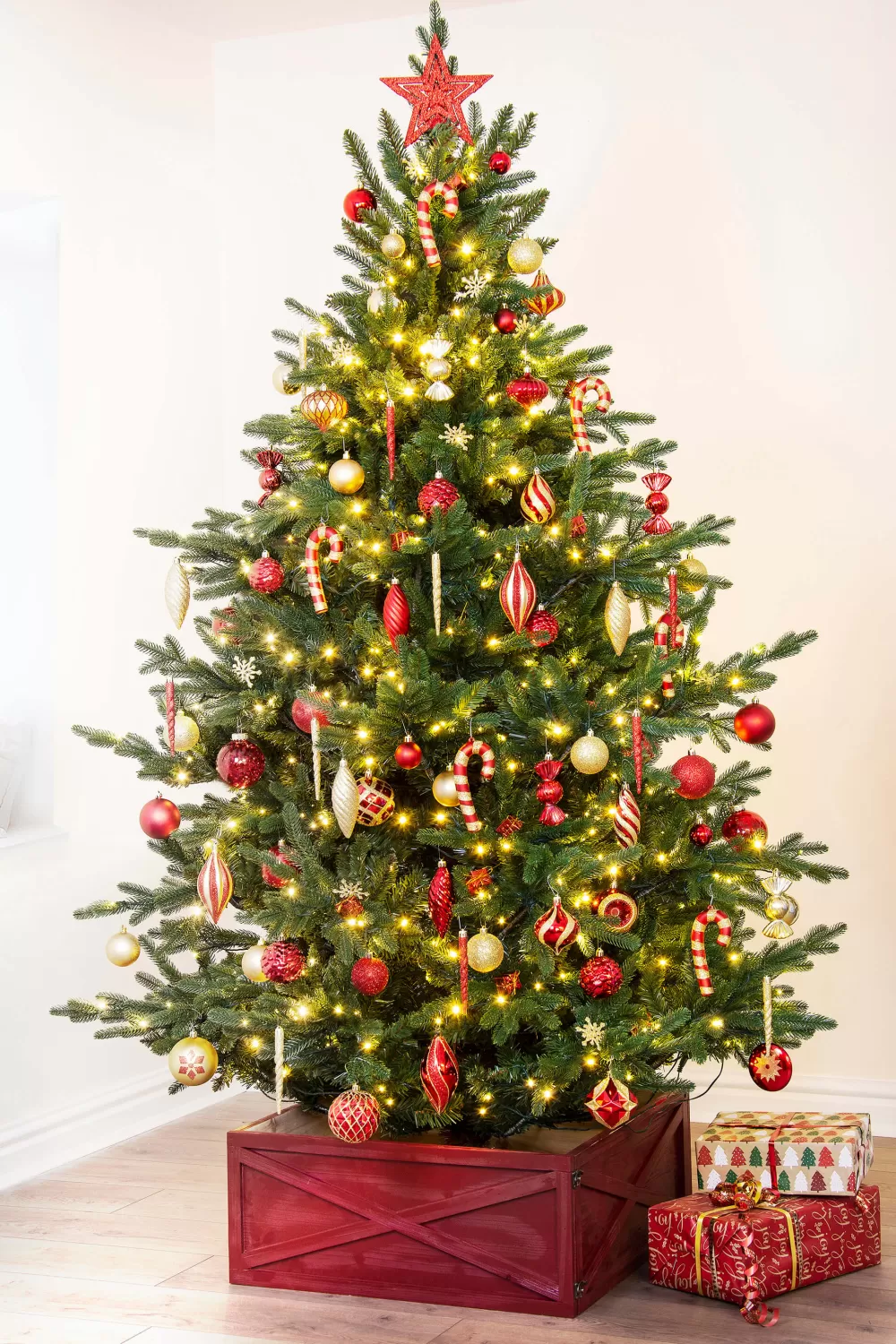 Christmas Tree World The 212pc Red & Gold Full Heavy Coverage Bauble Set (8ft Trees)< 8 Foot Pre Lit Christmas Trees | Pre-Lit Christmas Trees