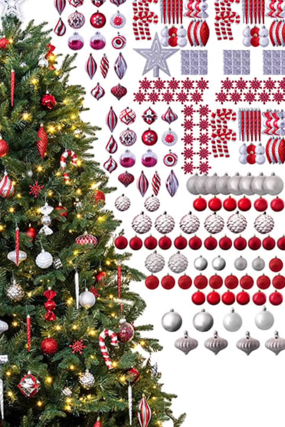 Christmas Tree World The 212pc Red & Silver Full Heavy Coverage Bauble Set (8ft Trees)< 8 Foot Pre Lit Christmas Trees | Pre-Lit Christmas Trees