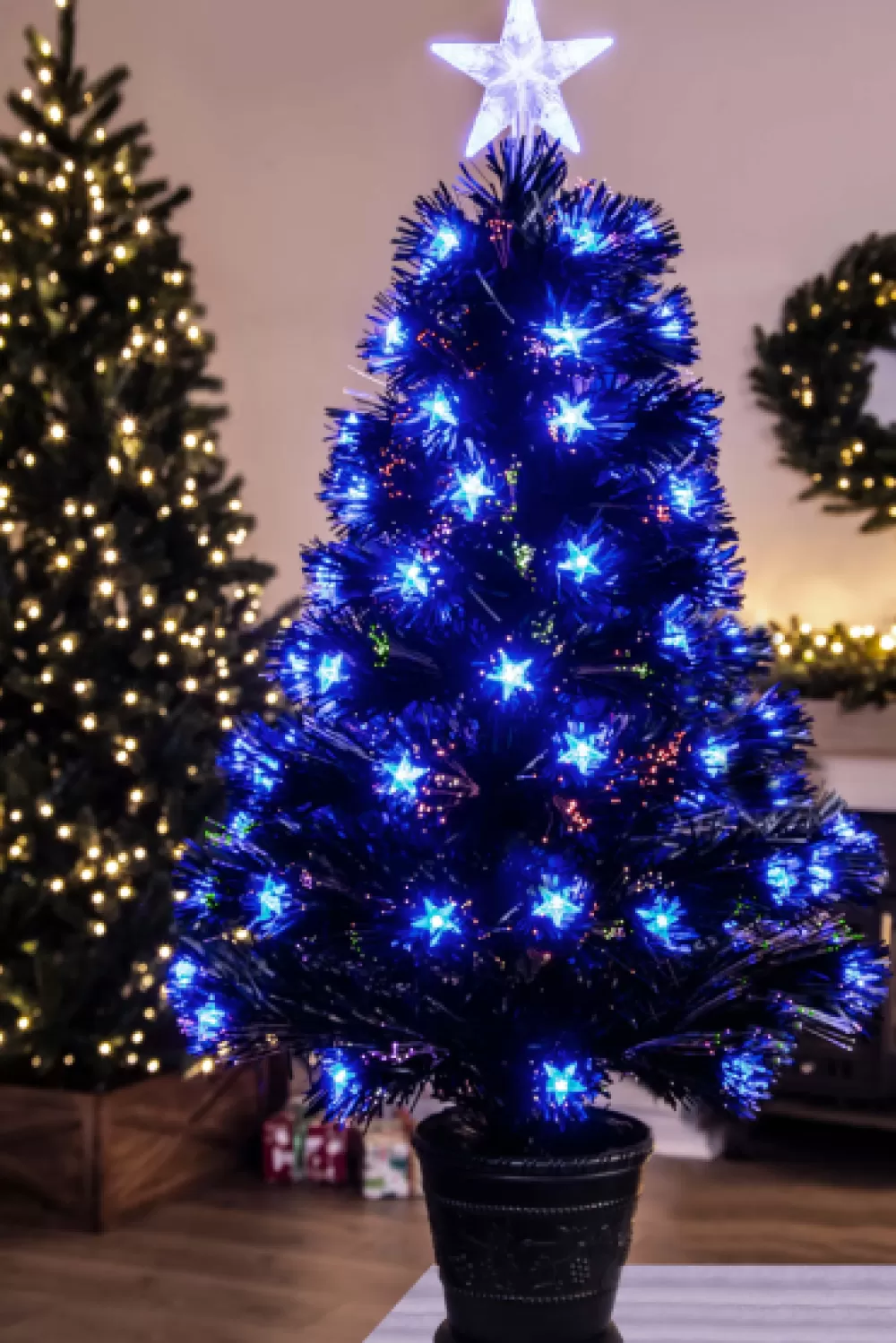 Christmas Tree World The 3ft Black Blue Star Fibre Optic Tree< 3 Foot Fibre Optic Trees | Small Fibre Optic Trees