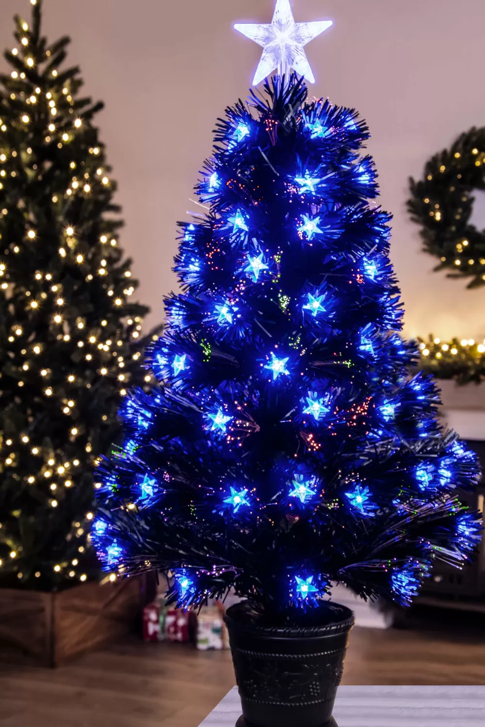 Christmas Tree World The 3ft Black Blue Star Fibre Optic Tree< 3 Foot Fibre Optic Trees | Small Fibre Optic Trees