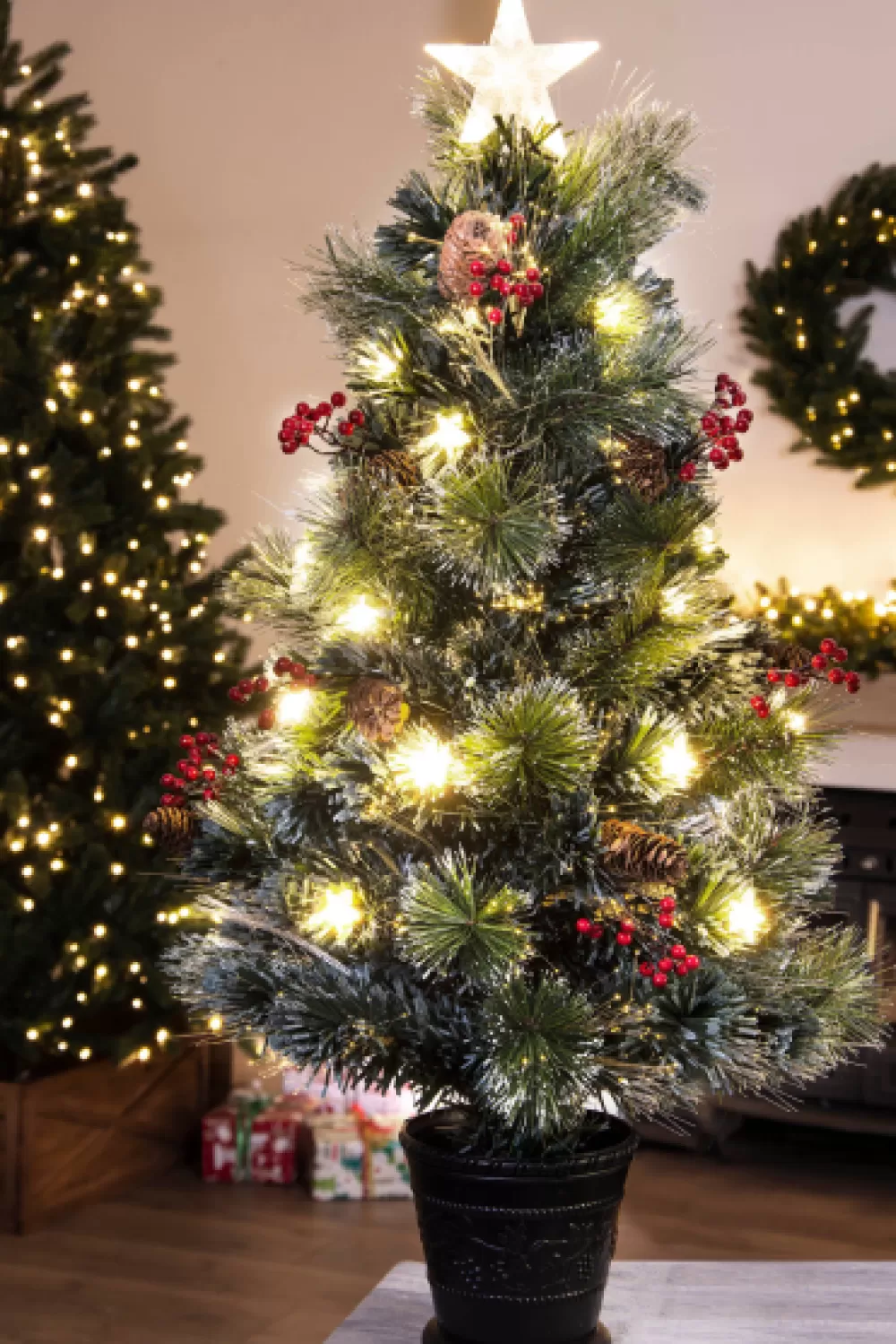 Christmas Tree World The 3ft Frosted LED Pine Fibre Optic Tree< 3 Foot Fibre Optic Trees | Small Fibre Optic Trees