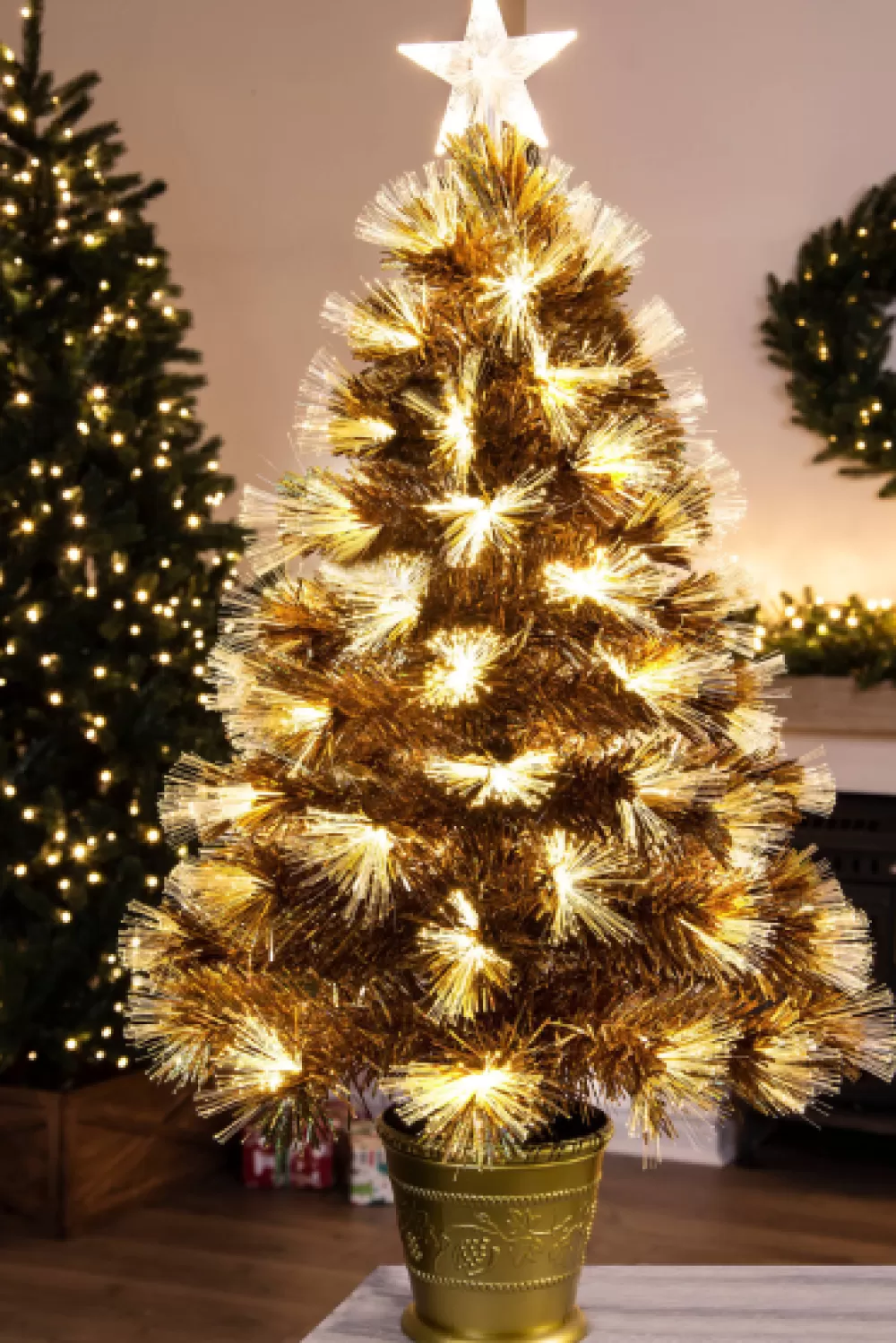 Christmas Tree World The 3ft Gold Flower Fibre Optic Tree< 3 Foot Fibre Optic Trees | Small Fibre Optic Trees