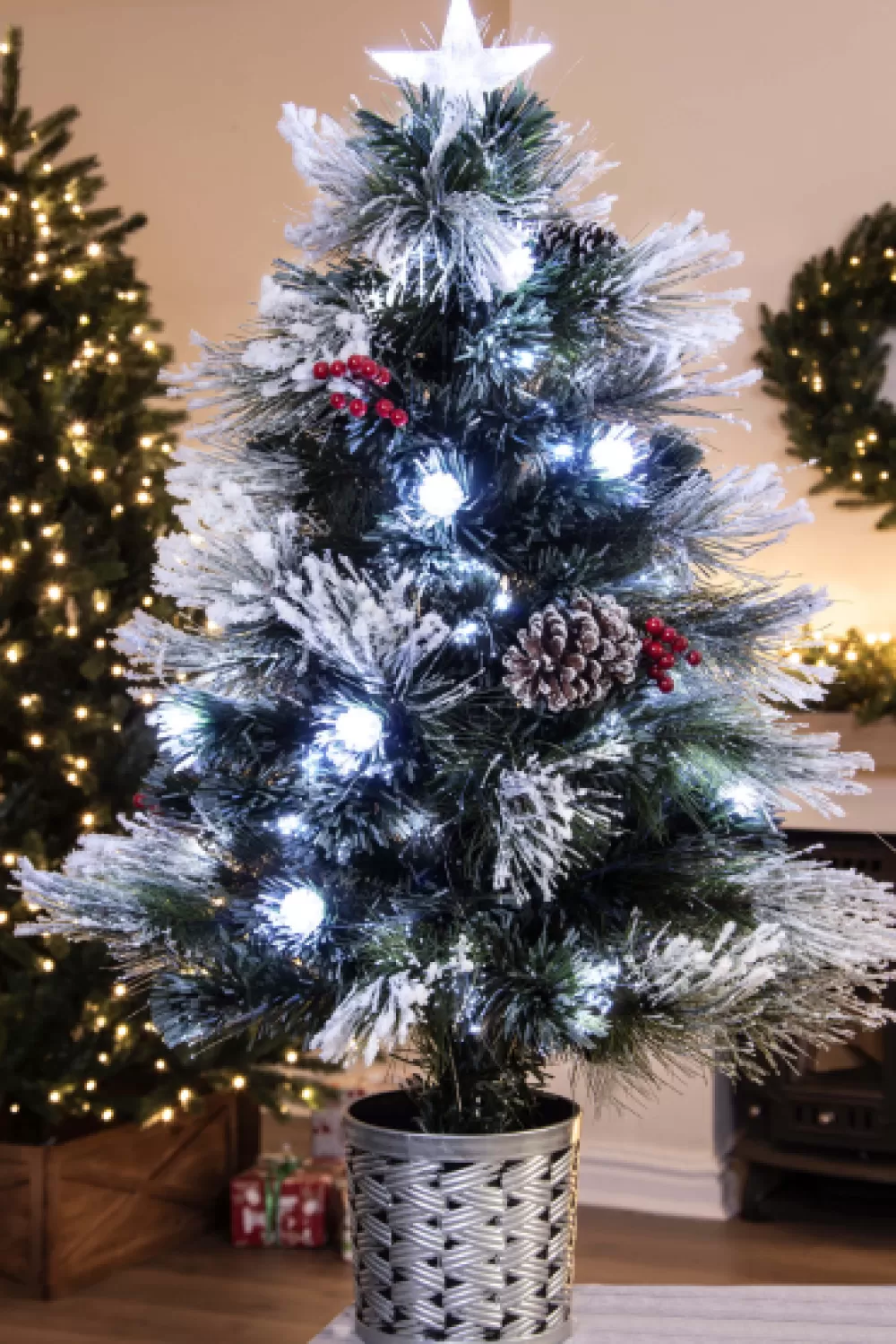 Christmas Tree World The 3ft Snowy LED Frosted Pine Fibre Optic Tree< 3 Foot Pre Lit Christmas Trees | Snowy Christmas Trees