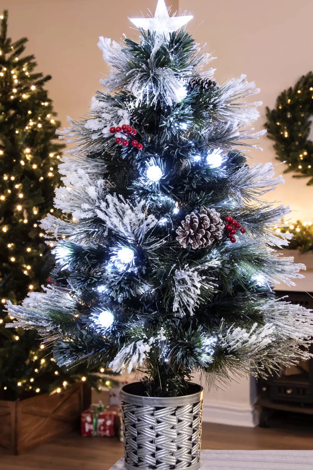 Christmas Tree World The 3ft Snowy LED Frosted Pine Fibre Optic Tree< 3 Foot Pre Lit Christmas Trees | Snowy Christmas Trees