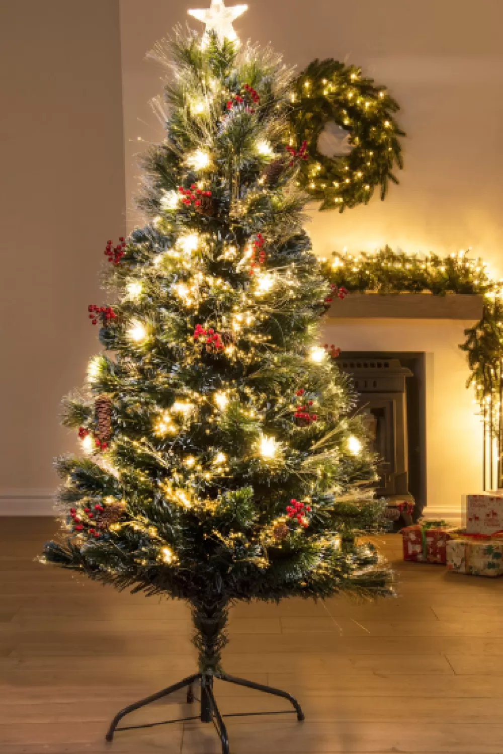 Christmas Tree World The 5ft Frosted LED Pine Fibre Optic Tree< 5 Foot Fibre Optic Trees | 5 Foot Pre Lit Christmas Trees