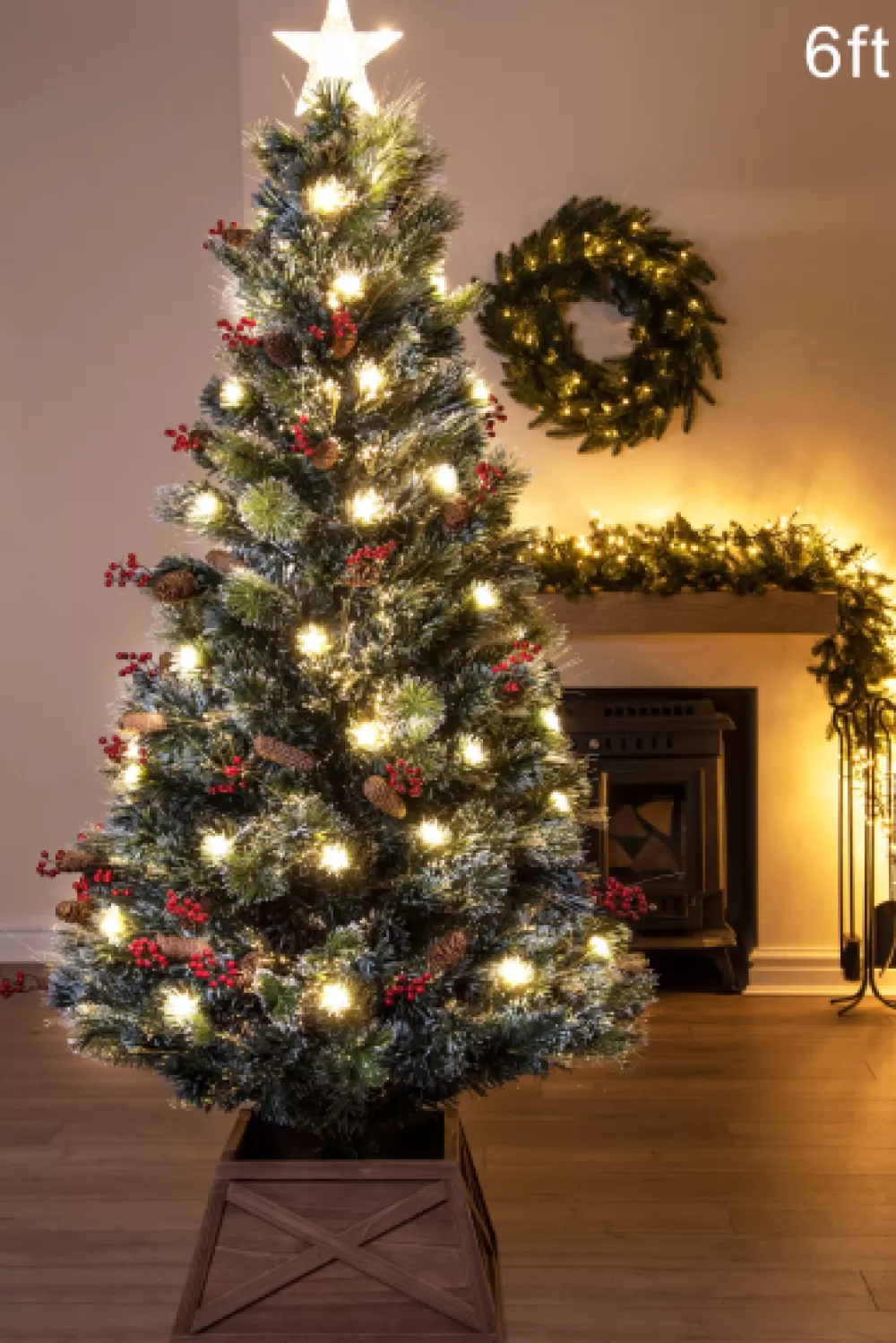 Christmas Tree World The 6ft Frosted LED Pine Fibre Optic Tree< 6 Foot Fibre Optic Trees | 6 Foot Pre Lit Christmas Trees