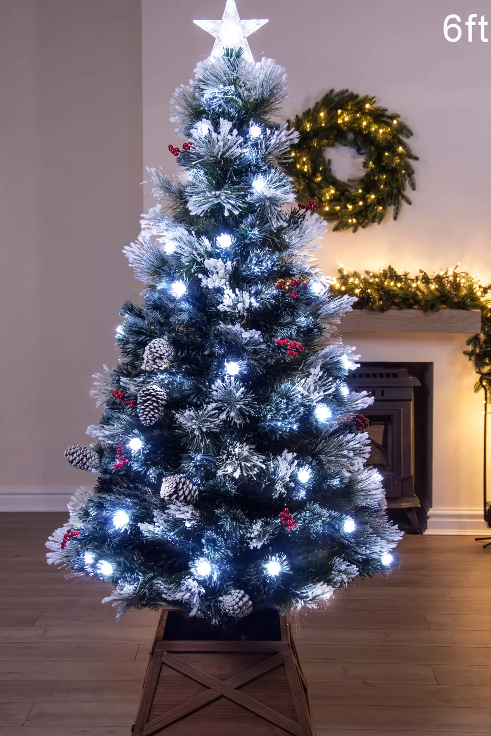 Christmas Tree World The 6ft Snowy LED Frosted Pine Fibre Optic Tree< 6 Foot Fibre Optic Trees | 6 Foot Pre Lit Christmas Trees