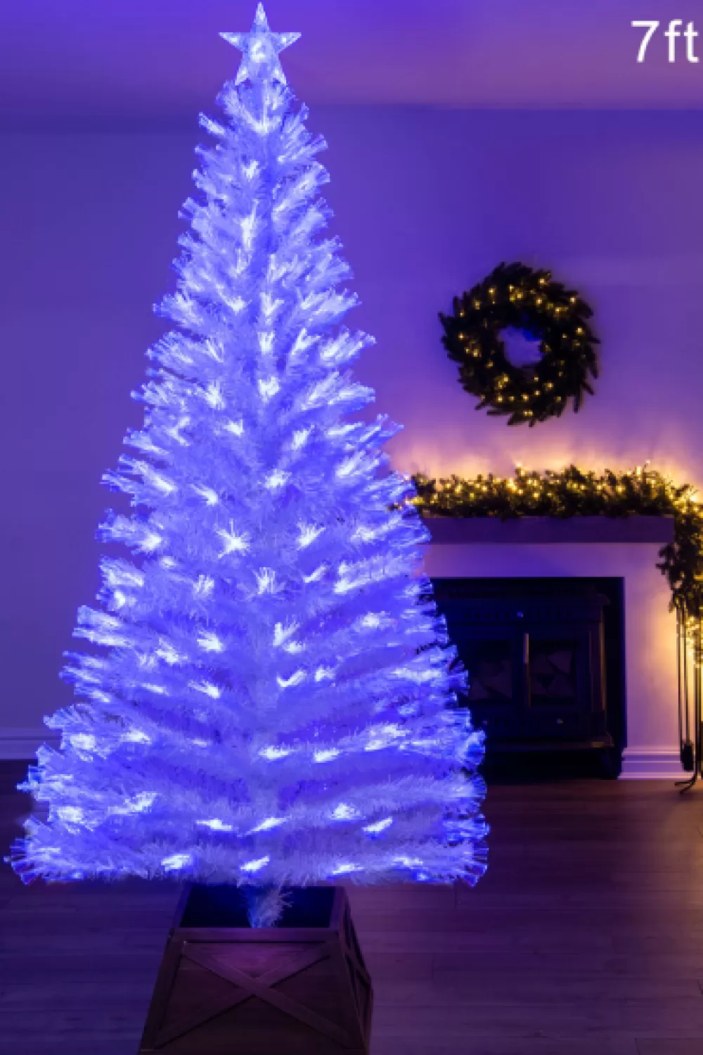Christmas Tree World The 7ft White Blue Ripple Effect Fibre Optic Tree< 7 Foot Fibre Optic Trees | 7 Foot Pre Lit Christmas Trees
