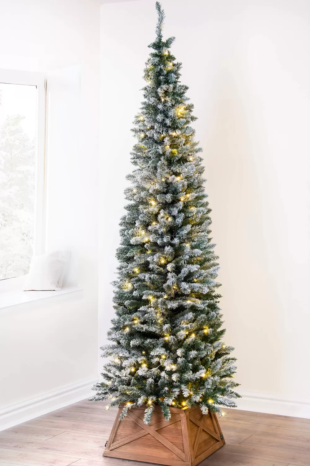 Christmas Tree World The Pre-lit 7ft Snowy Pencil Tree< 7 Foot Pre Lit Christmas Trees | Snowy Christmas Trees